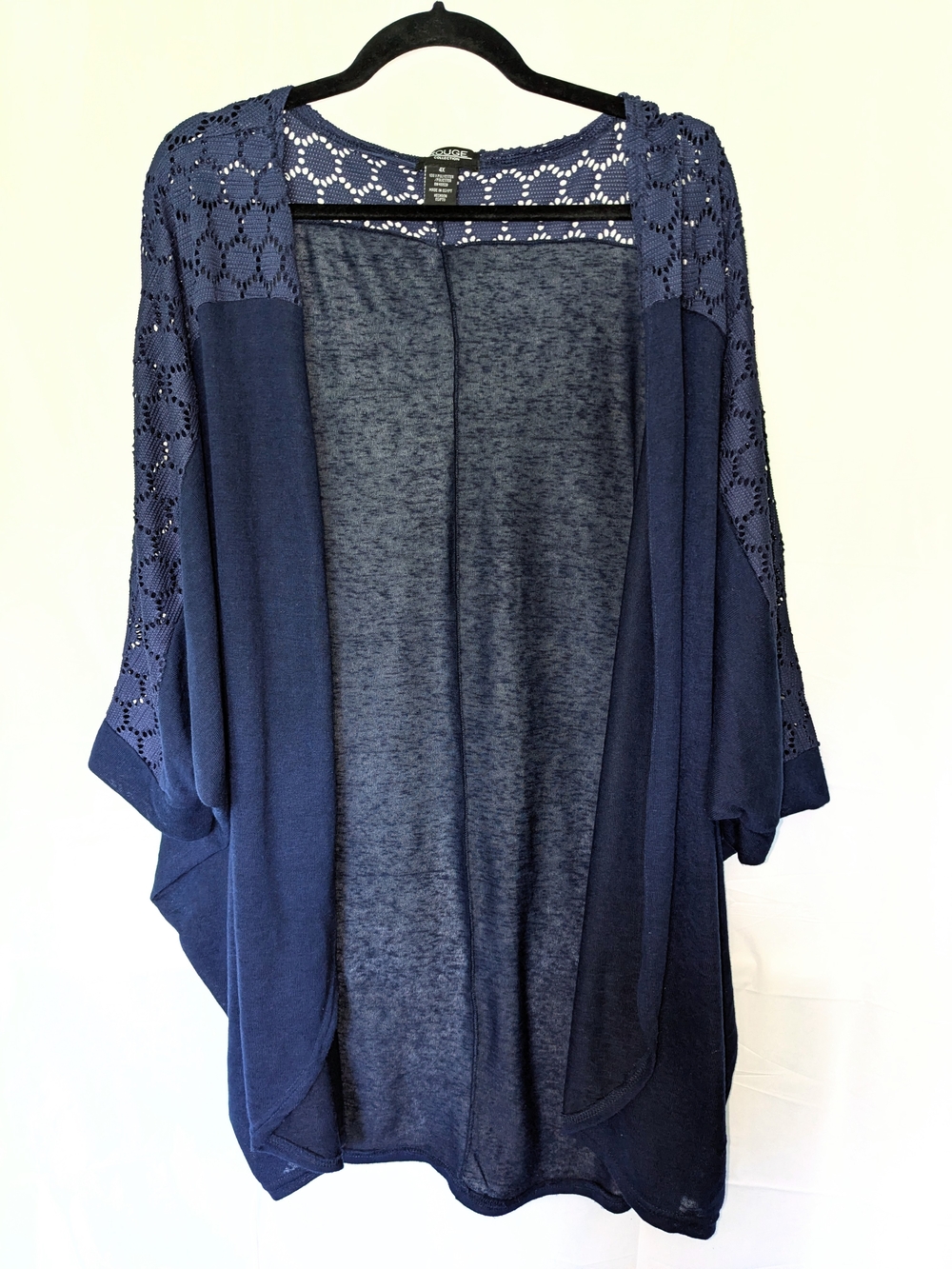 Rouge Collection Navy Crochet-Shoulder Open Cardigan
